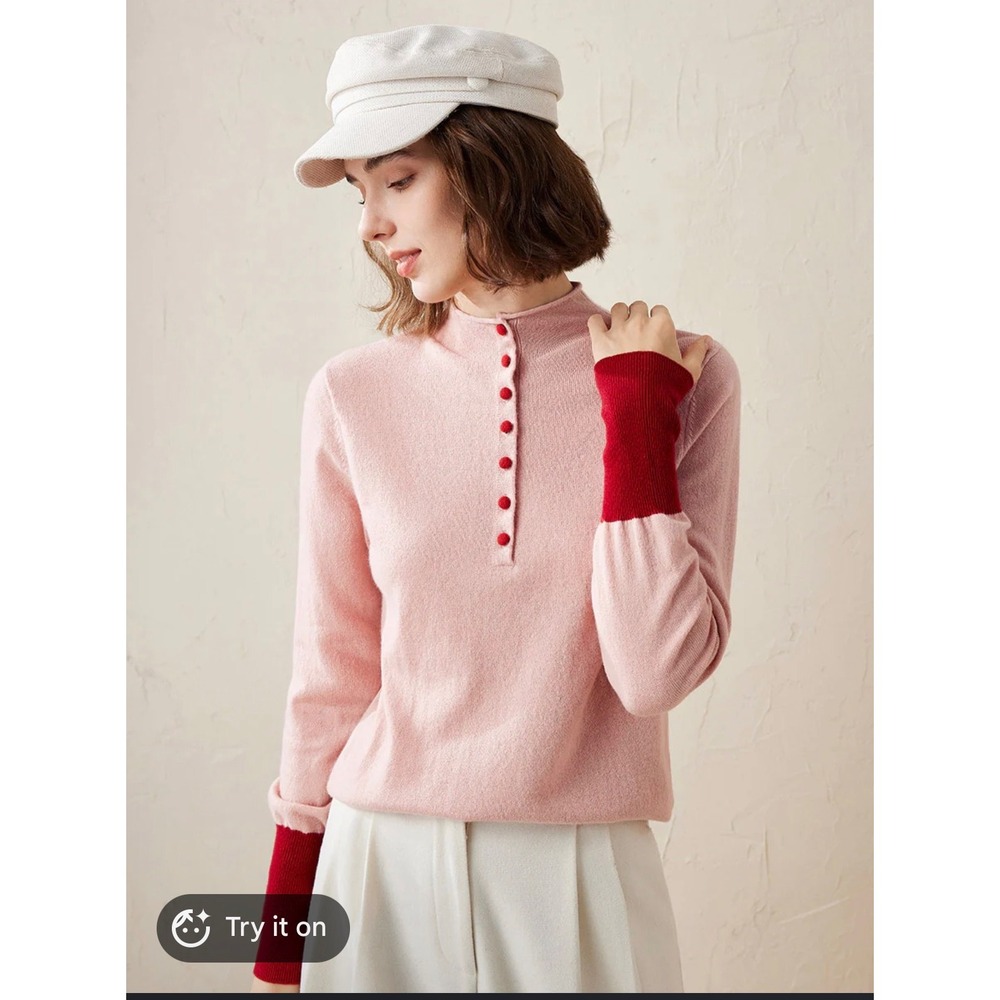 Como Boca Pink 100% Cashmere Mock Neck Button Front Sweater Red Contrast Cuffs L